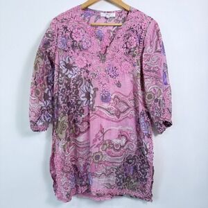 Amaya Floral Embroidered Tunic Top Size 44 (Large) Pink Semi Sheer Lightweight‎